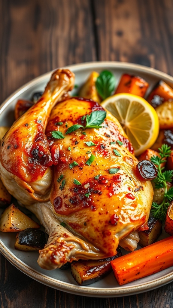 Golden brown air fryer chicken garnished with herbs, served with roasted vegetables and lemon on a rustic table.